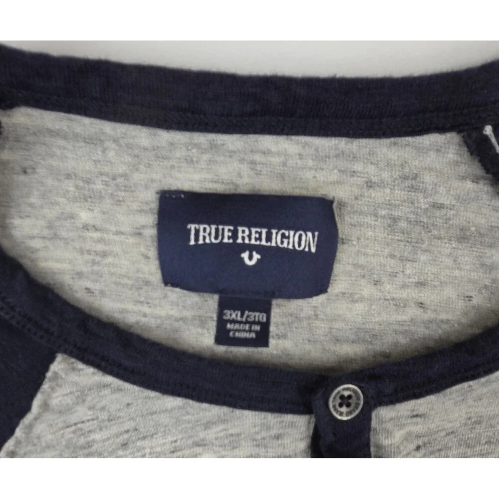 True Religion Raglan Henley Shirt Men’s 3XL Grey Thermal 4-Button Long Sleeve